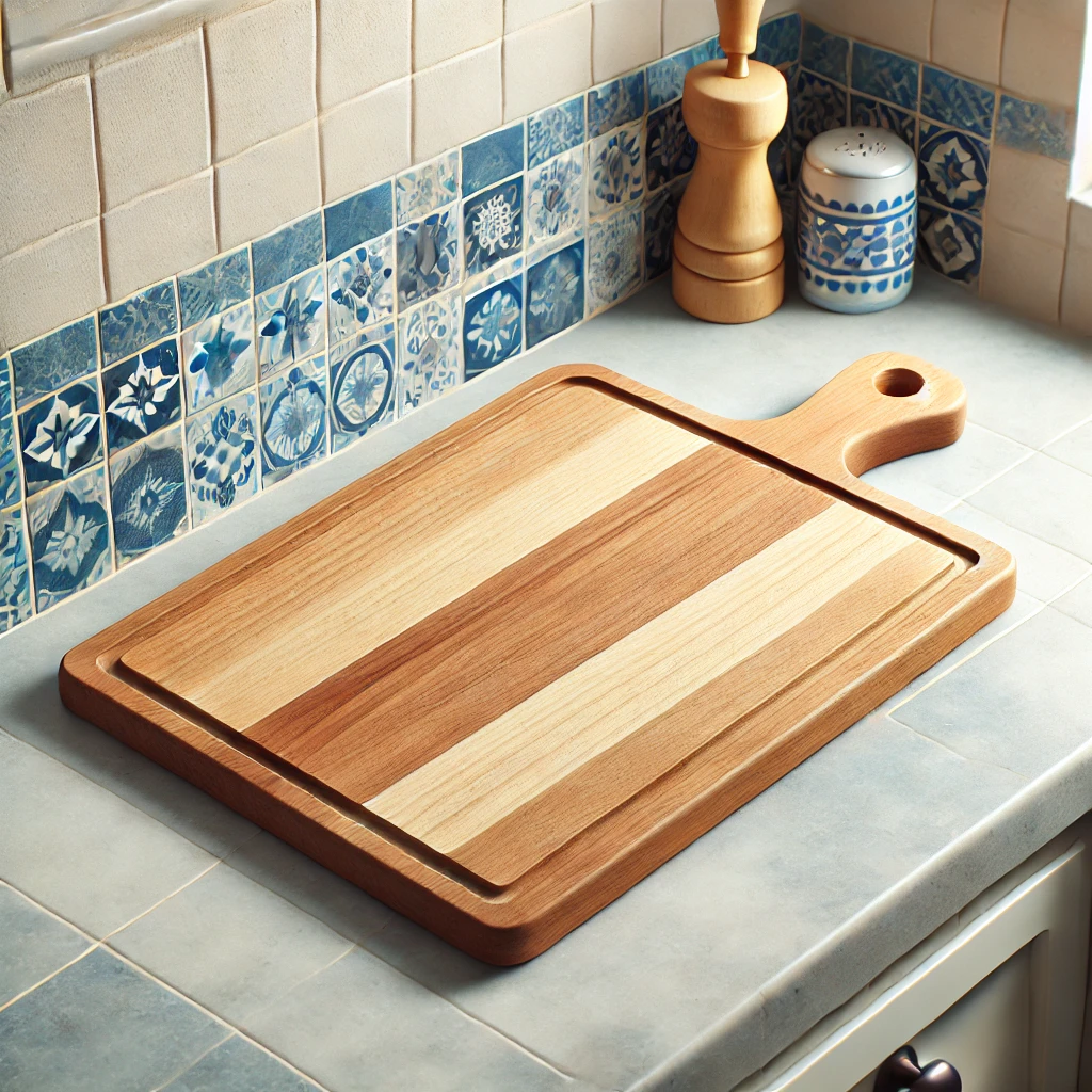 Cutting board on a tile countertop
