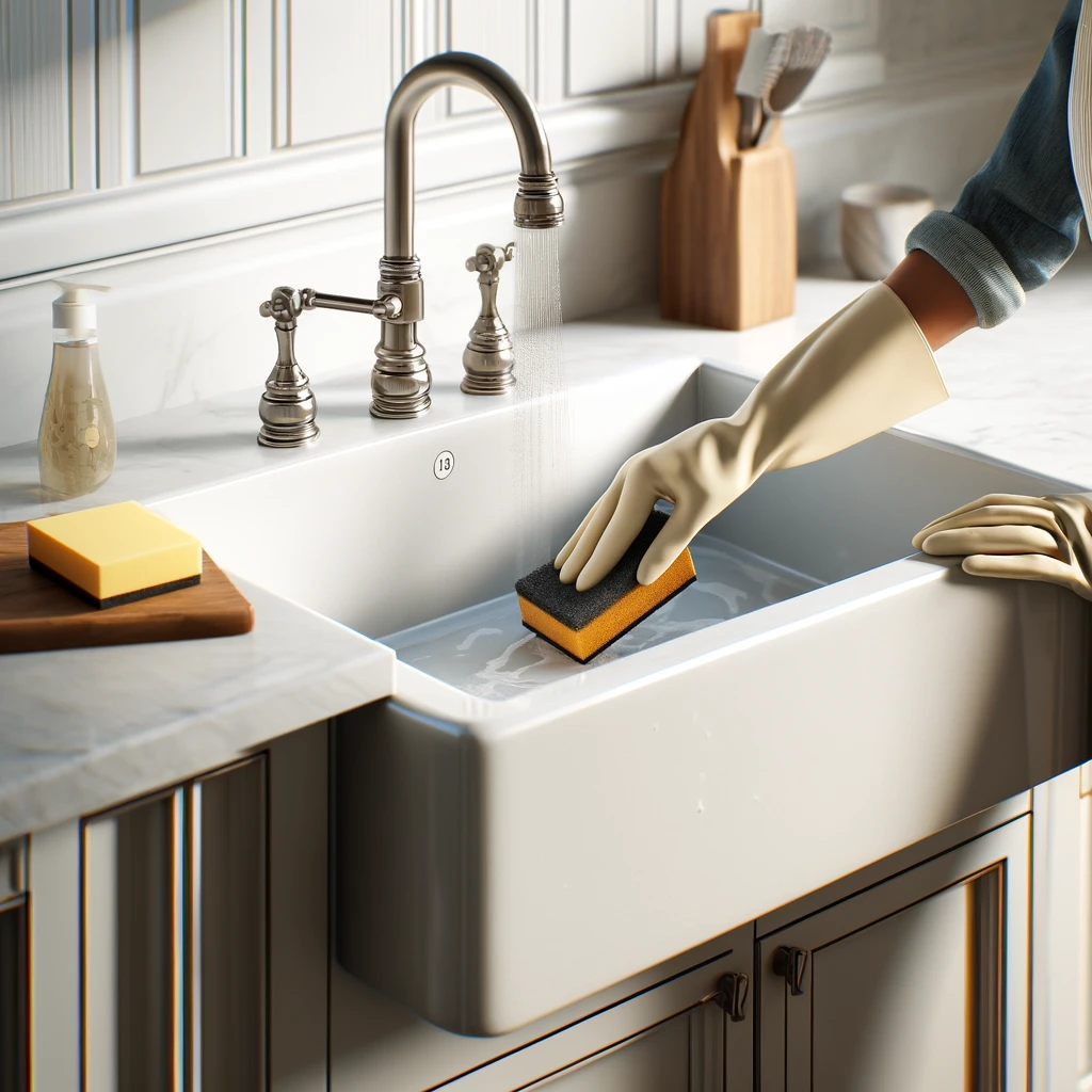 Fireclay Kitchen Sink Being Cleaned