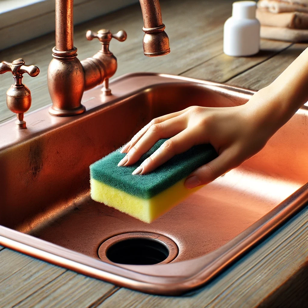 Kitchen Copper Sink being cleaned with a soft sponge