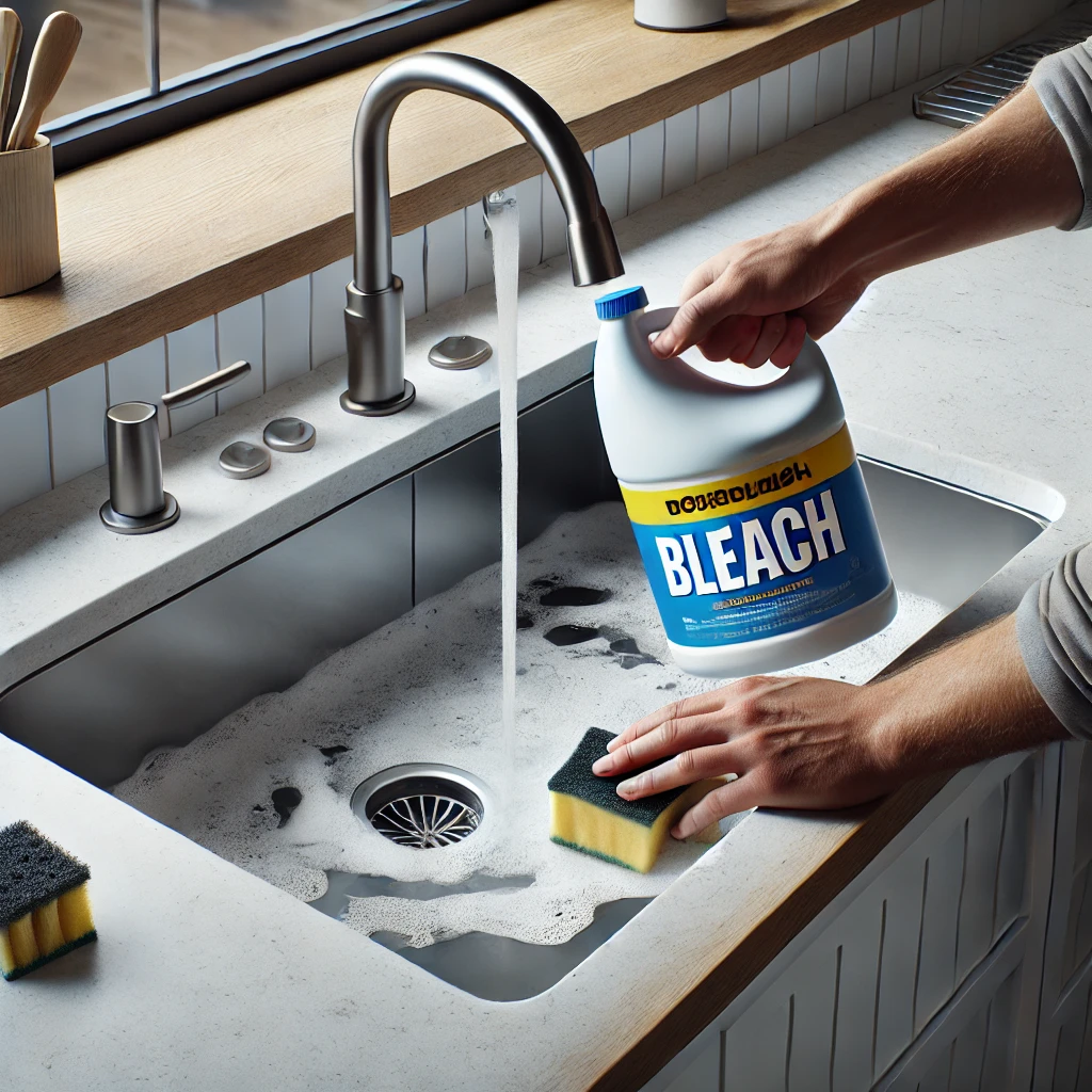  Composite Quartz Kitchen Sink being cleaned with bleach