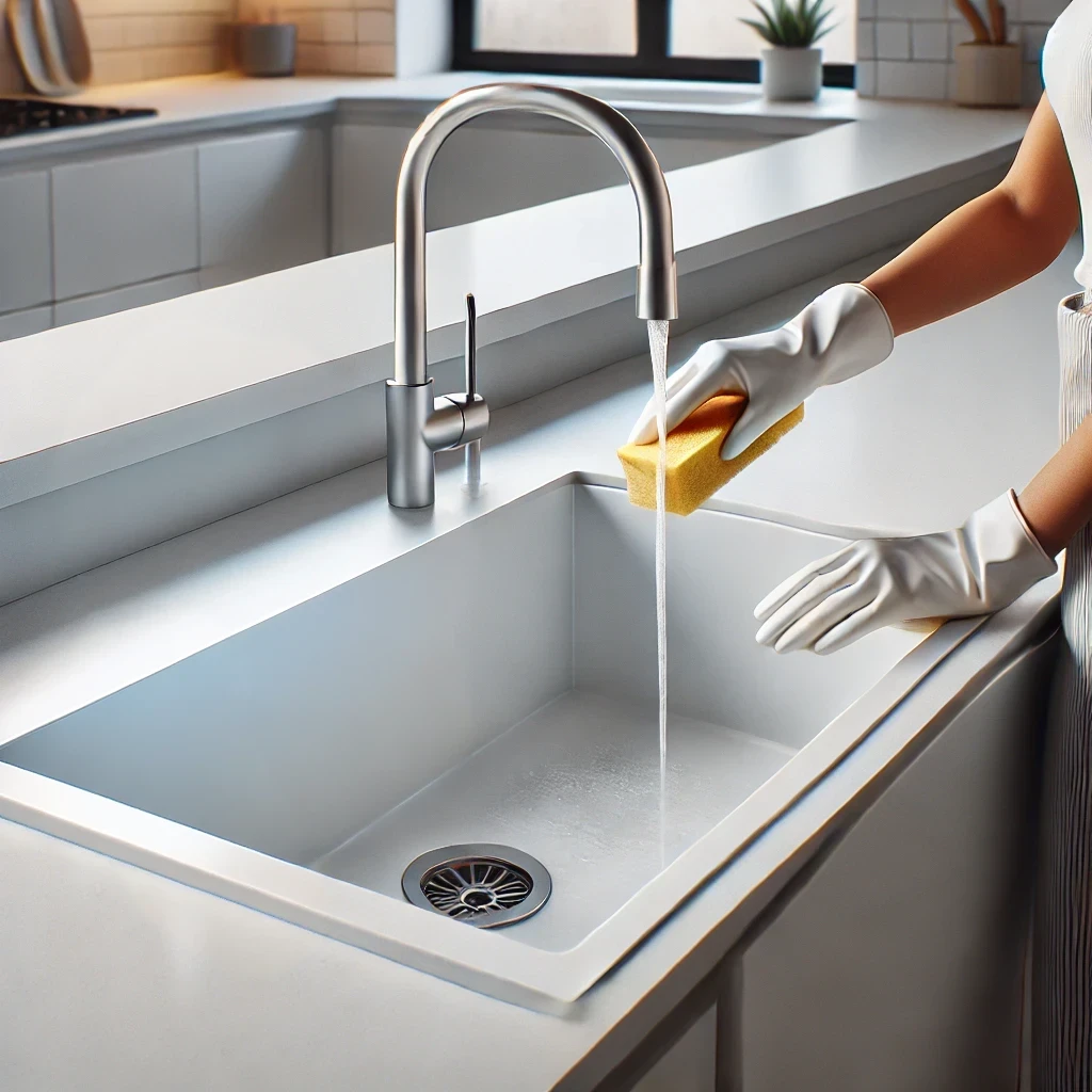  Composite Quartz Kitchen Sink being cleaned