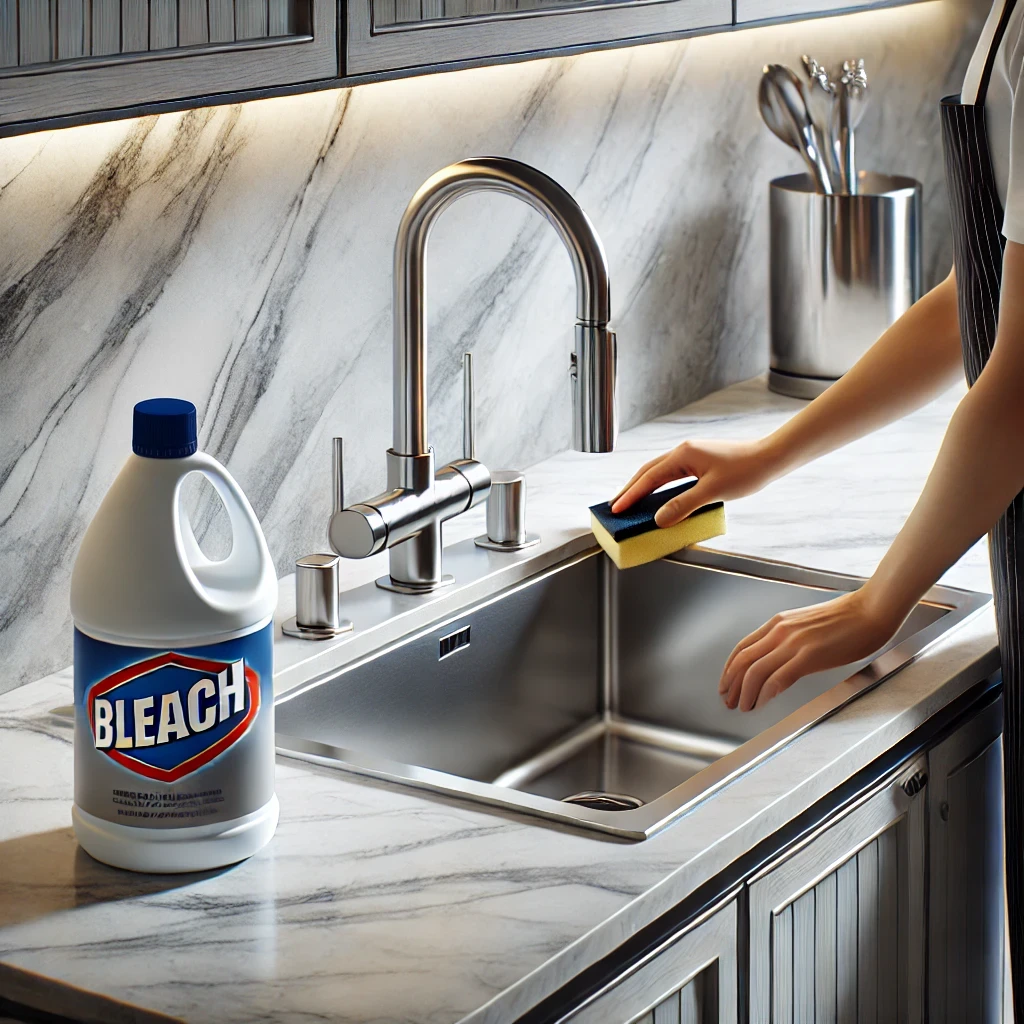 Top-Mount Kitchen Sink being cleaned with bleach