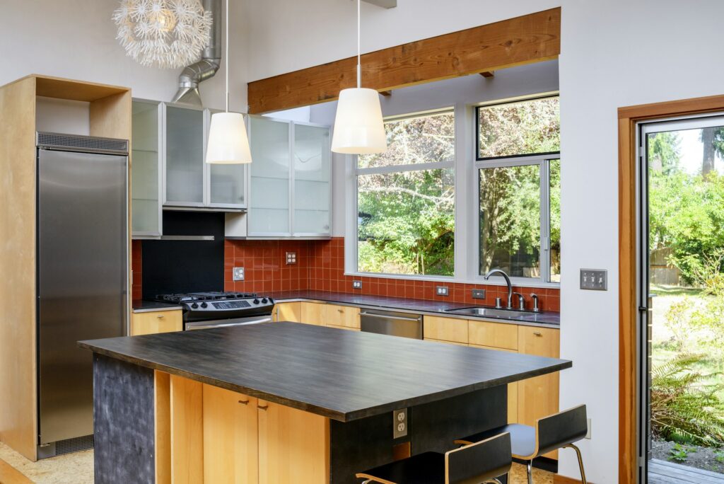 Countertop and lights in modern kitchen