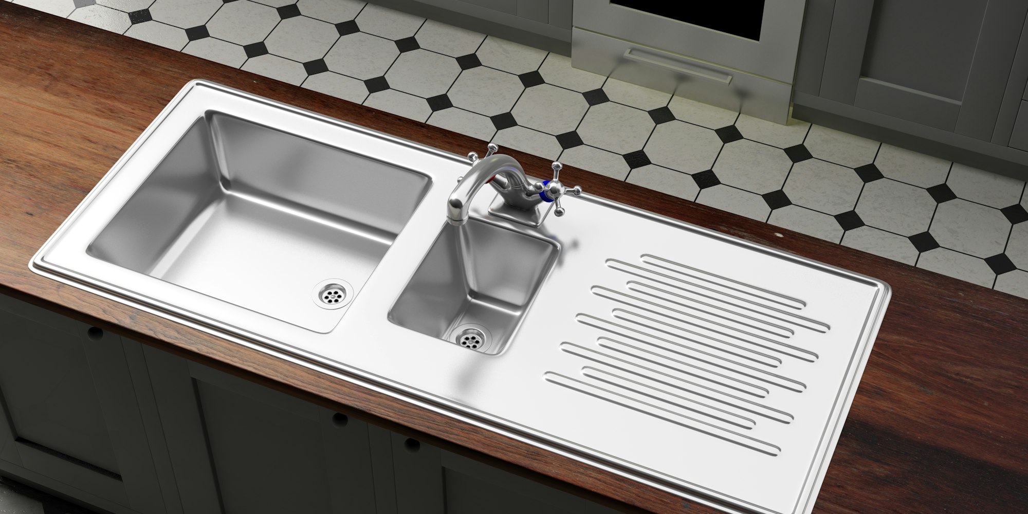 Kitchen cabinets with stainless steel sink and water tap, view from above. 3d illustration