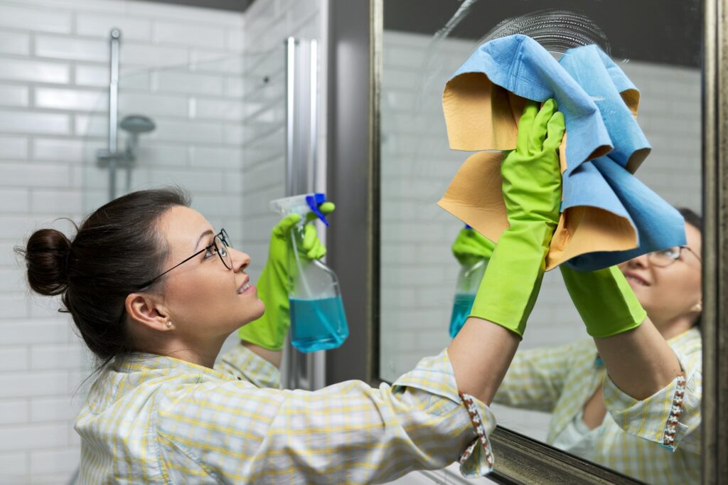 Woman cleaning mirror in bathroom using professional rag spray