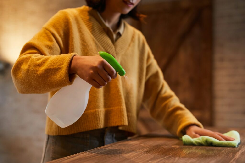 Young Woman Cleaning Countertops