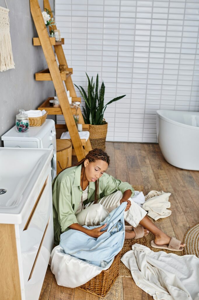 Contemplating chaos: woman amidst laundry