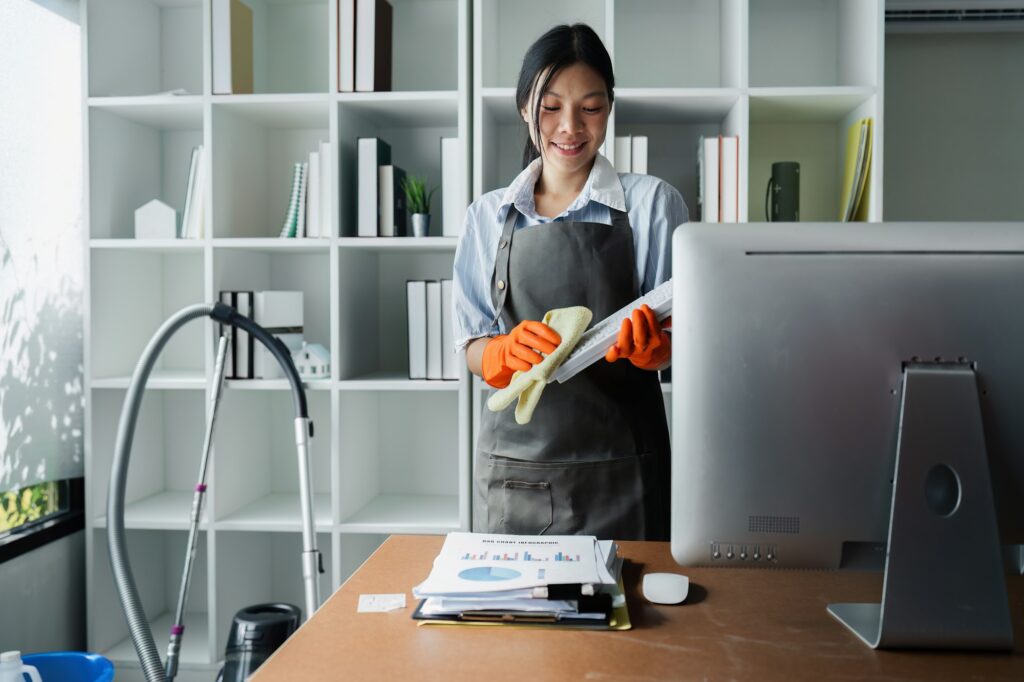 Female housekeeper smile and wearing glove, preparing to clean office